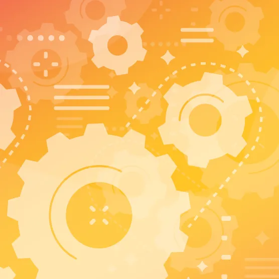 Orange background with gear icons